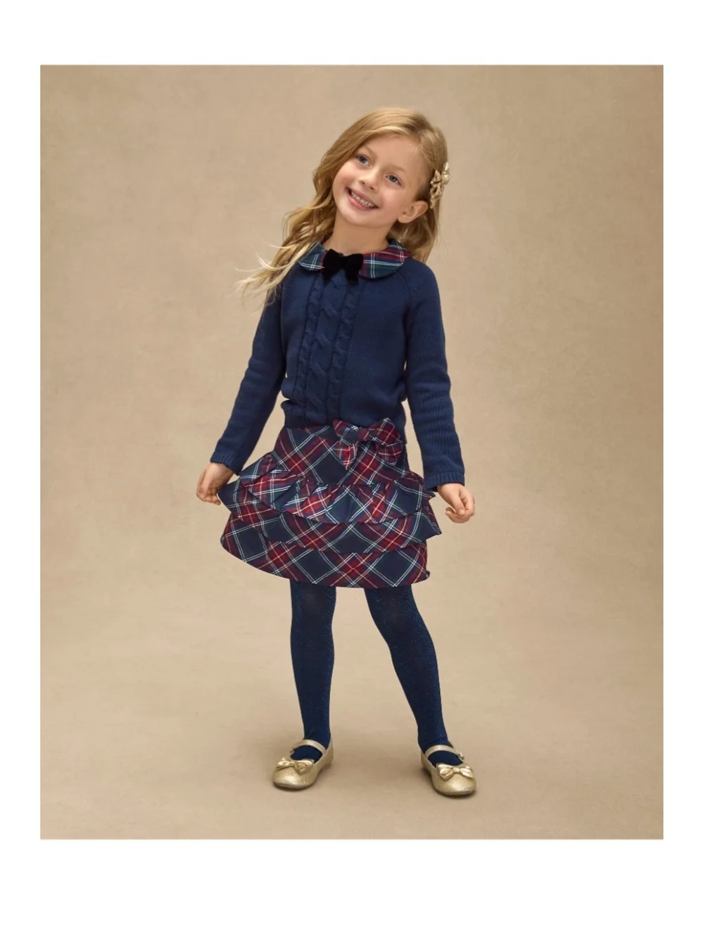 Girls Navy Plaid Ruffle Skirt and Cardigan Set